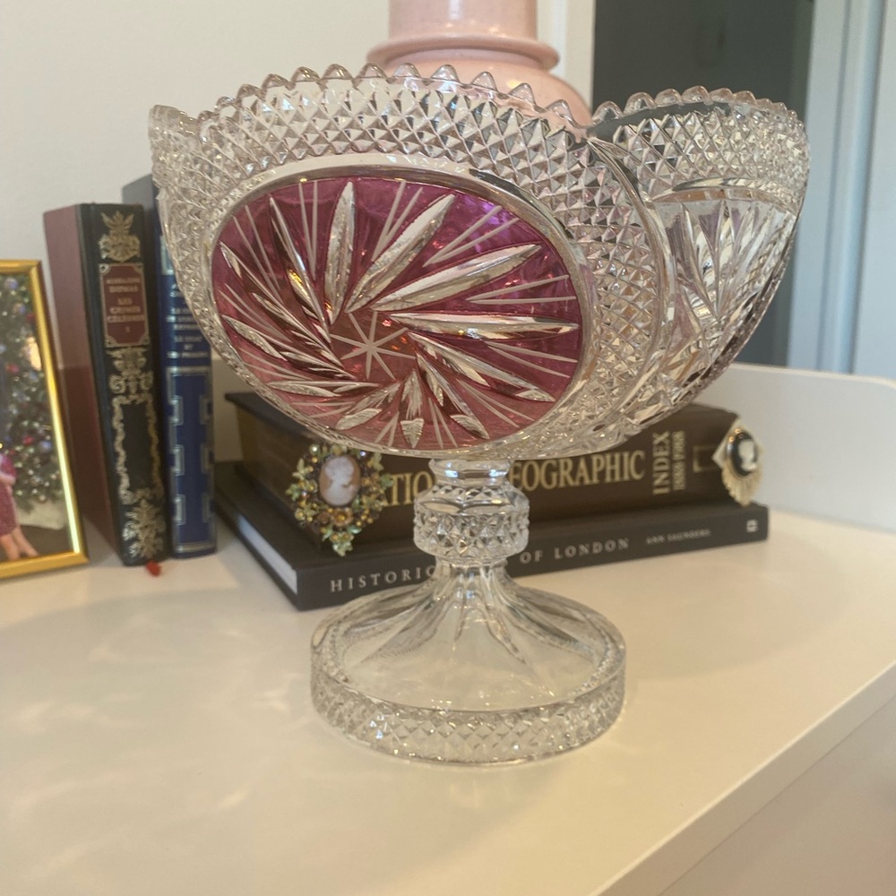 Crystal Cut Glass Bowl with Pink Accents